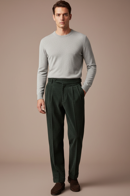Pantalon À Pince Vert Côtelé Droit Décontracté Homme - Cordé