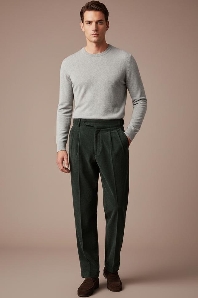 Pantalon À Pince Vert Côtelé Droit Décontracté Homme - Cordé