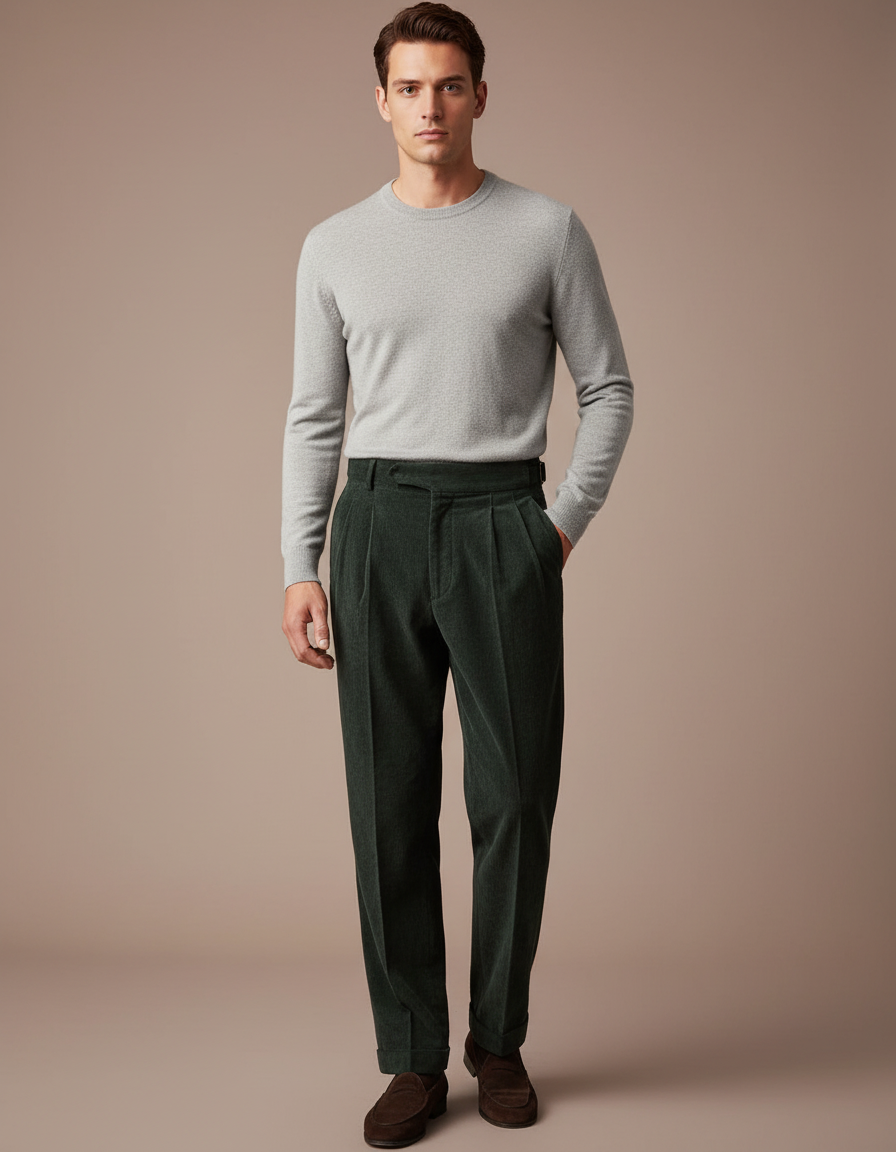 Pantalon À Pince Vert Côtelé Droit Décontracté Homme - Cordé