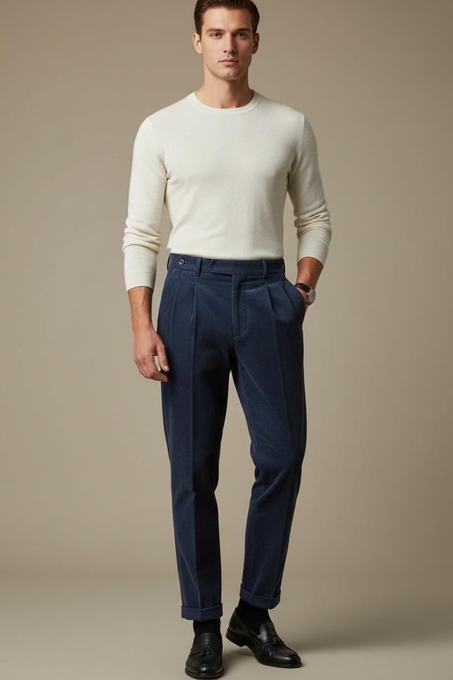 Pantalon À Pince Bleu Marine Côtelé Plissé Homme Élégant - Cordé