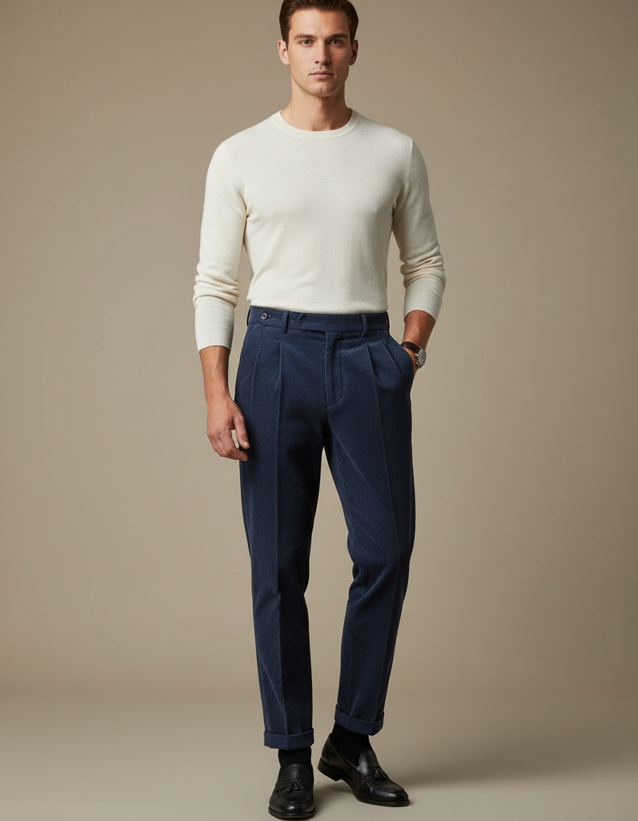 Pantalon À Pince Bleu Marine Côtelé Plissé Homme Élégant - Cordé