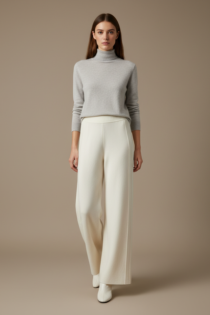 Pantalon À Pince Crème Laine Tricoté Ample Droit - Beige