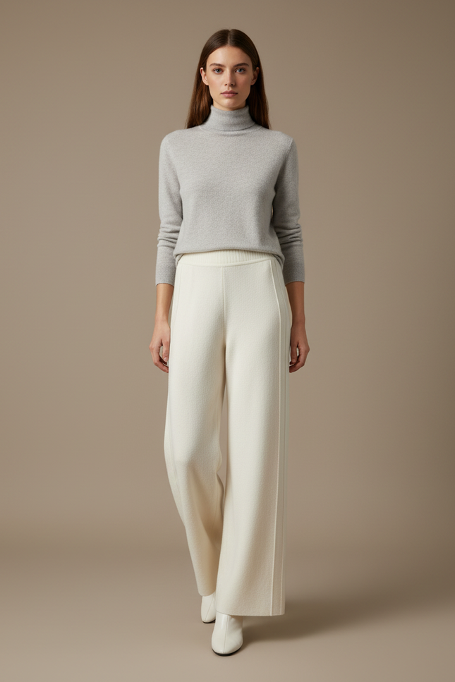 Pantalon À Pince Crème Laine Tricoté Ample Droit - Beige