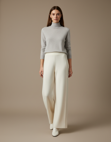 Pantalon À Pince Crème Laine Tricoté Ample Droit - Beige