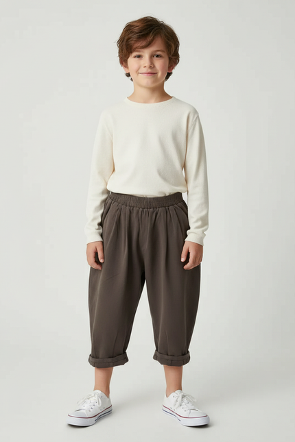 Pantalon À Pince Marron Ample Coton Enfant - Molleton