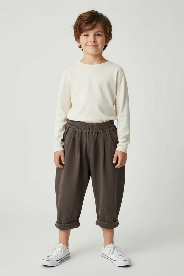 Pantalon À Pince Marron Ample Coton Enfant - Molleton