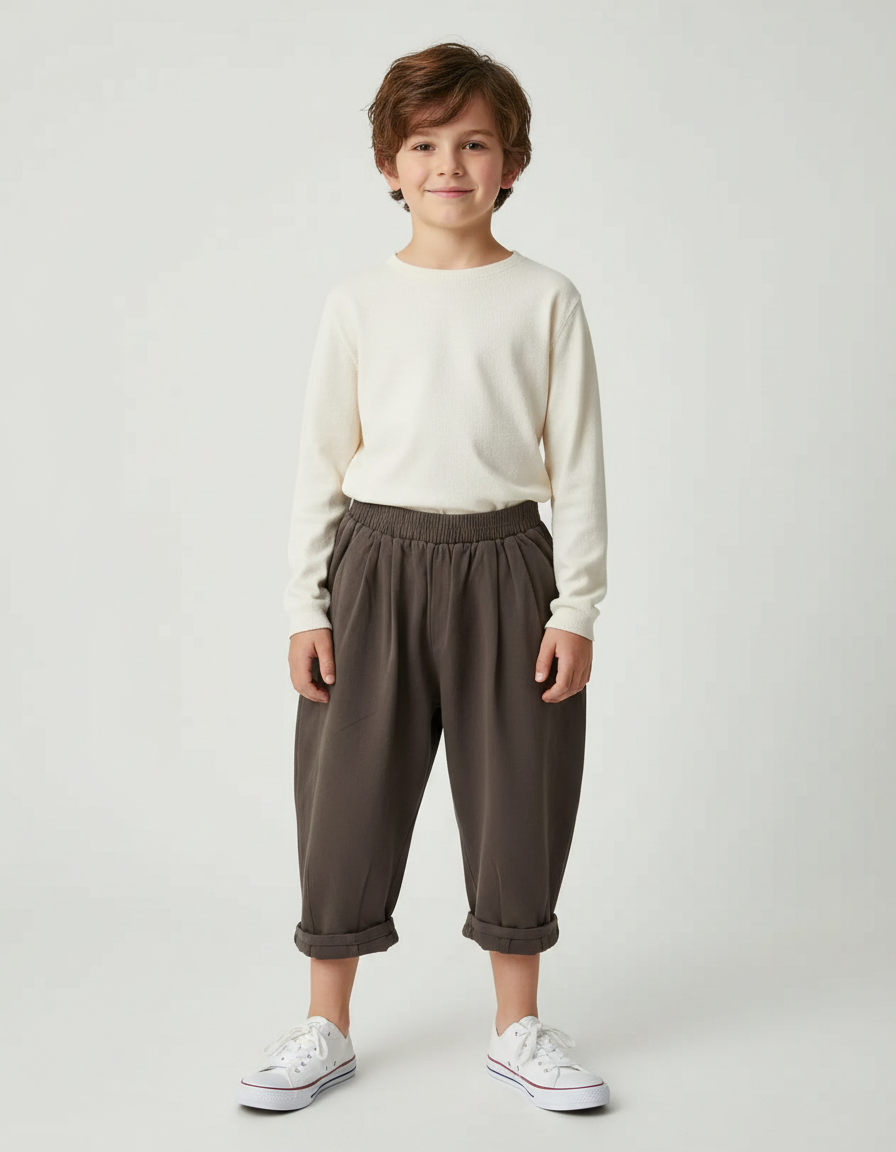 Pantalon À Pince Marron Ample Coton Enfant - Molleton