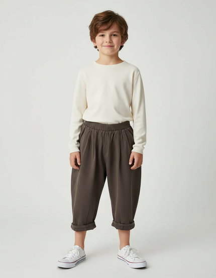 Pantalon À Pince Marron Ample Coton Enfant - Molleton