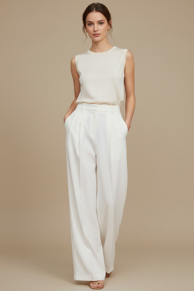 Pantalon À Pince Blanc Cassé Fluide Taille Haute Femme - Polyester