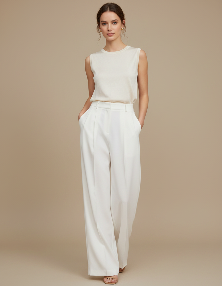 Pantalon À Pince Blanc Cassé Fluide Taille Haute Femme - Polyester