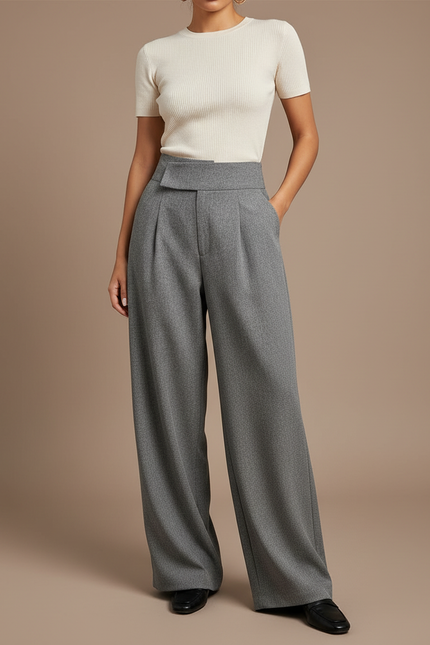 Pantalon À Pince Gris Ample Plissé Tissé Élégant - Laine