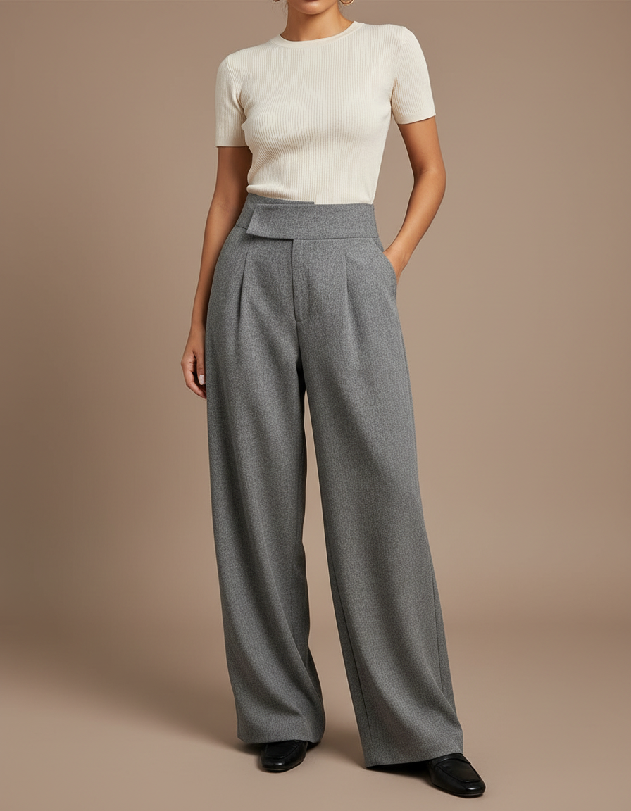 Pantalon À Pince Gris Ample Plissé Tissé Élégant - Laine