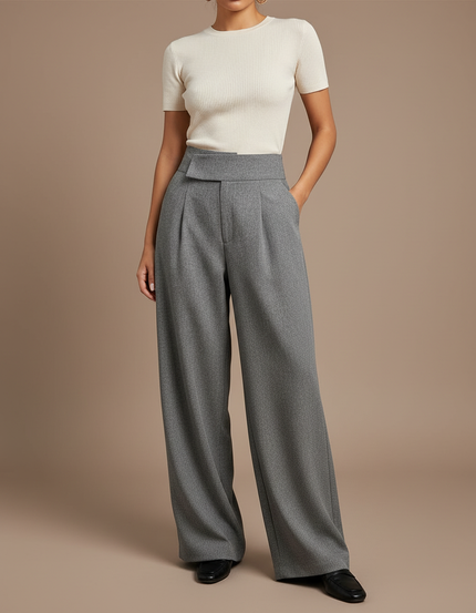 Pantalon À Pince Gris Ample Plissé Tissé Élégant - Laine