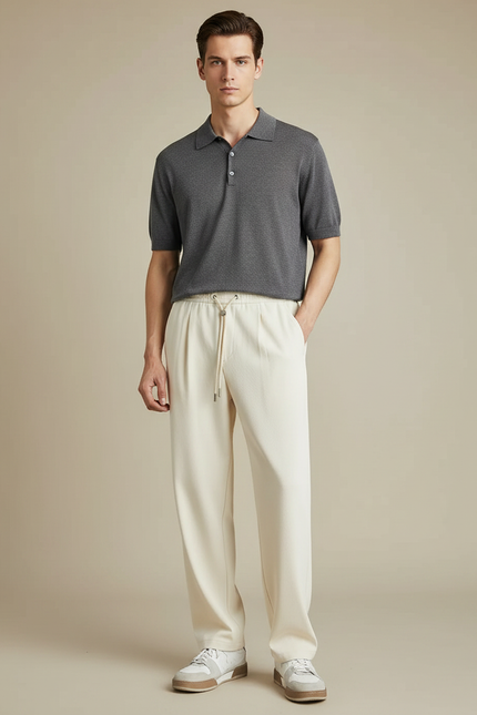 Pantalon À Pince Crème Ample Décontracté Cordon Homme - Beige Maille