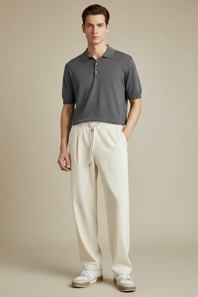 Pantalon À Pince Crème Ample Décontracté Cordon Homme - Beige Maille