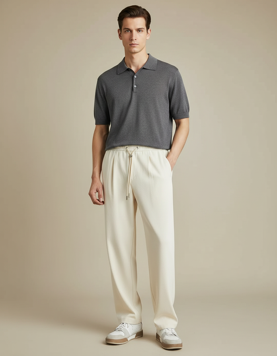Pantalon À Pince Crème Ample Décontracté Cordon Homme - Beige Maille