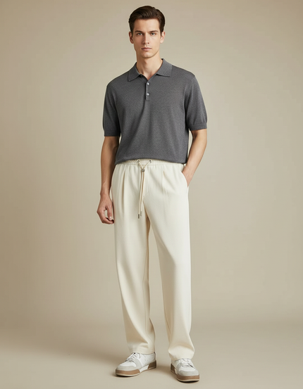 Pantalon À Pince Crème Ample Décontracté Cordon Homme - Beige Maille