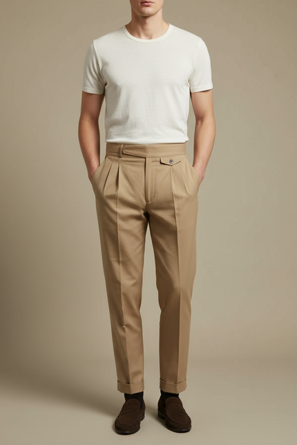 Pantalon À Pince Beige Plissé Coton Décontracté Élégant