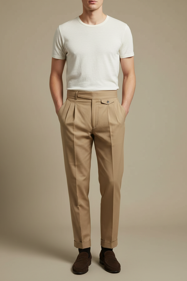 Pantalon À Pince Beige Plissé Coton Décontracté Élégant