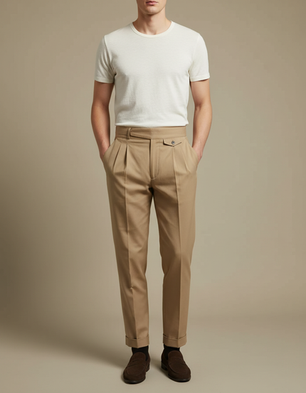 Pantalon À Pince Beige Plissé Coton Décontracté Élégant
