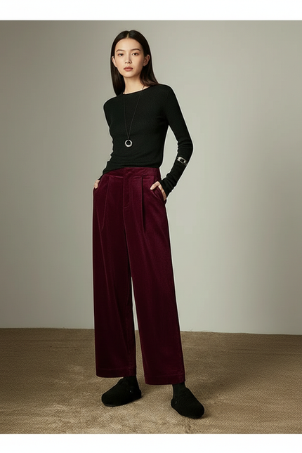 Pantalon À Pince Bordeaux Côtelé Plissé Ample Femme - Cordé