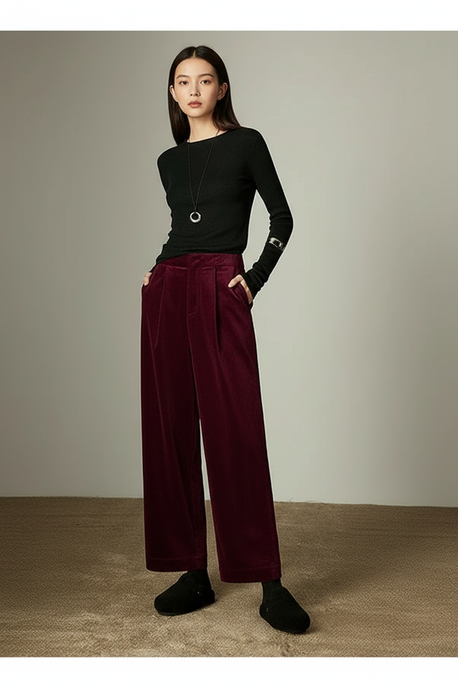 Pantalon À Pince Bordeaux Côtelé Plissé Ample Femme - Cordé
