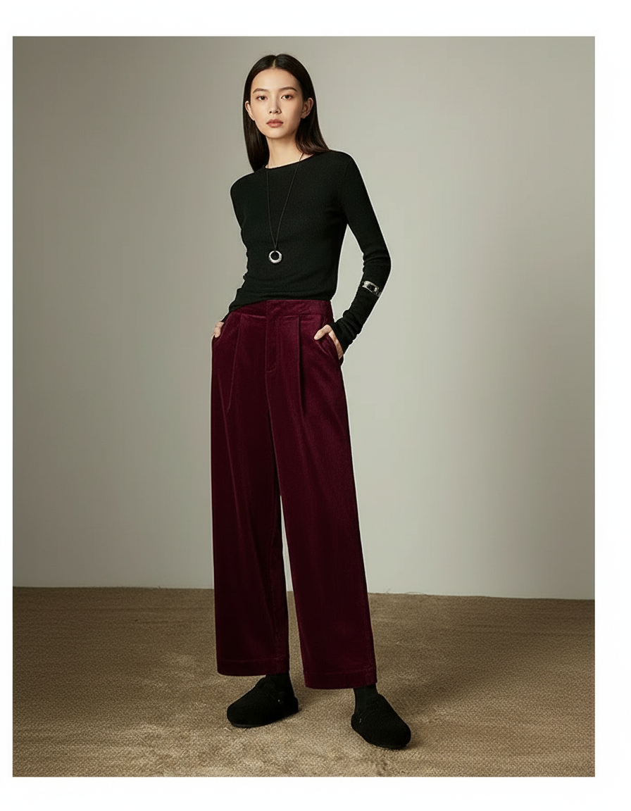 Pantalon À Pince Bordeaux Côtelé Plissé Ample Femme - Cordé