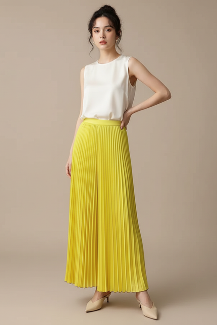 Pantalon À Pince Jaune Plissé Fluide Ample Élégant - Polyester