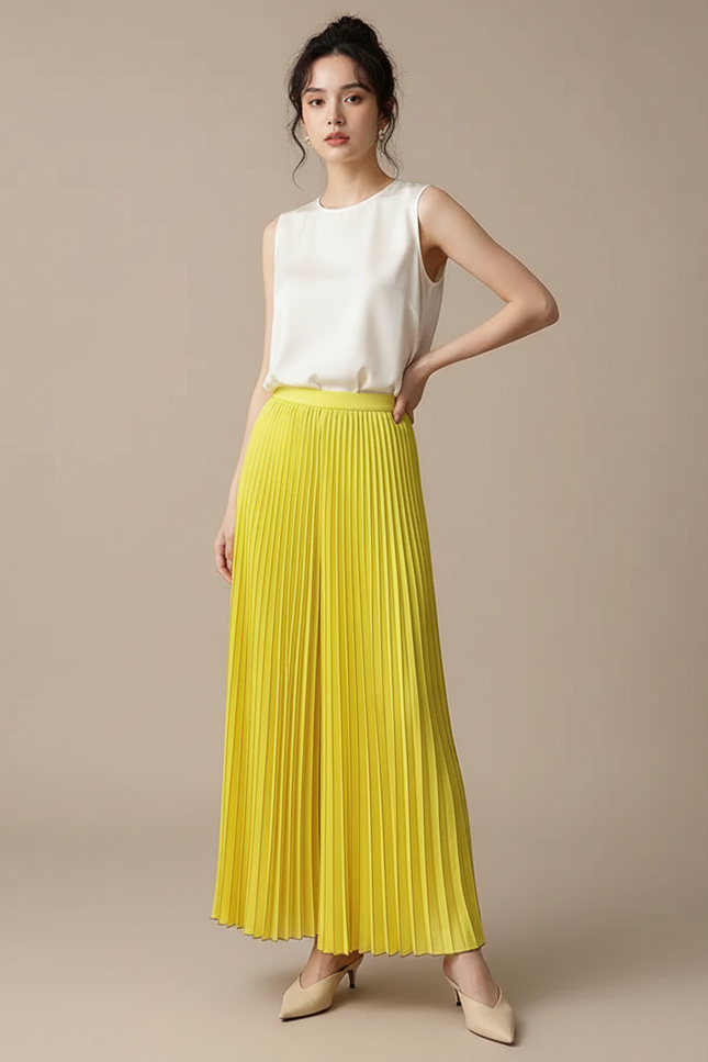 Pantalon À Pince Jaune Plissé Fluide Ample Élégant - Polyester