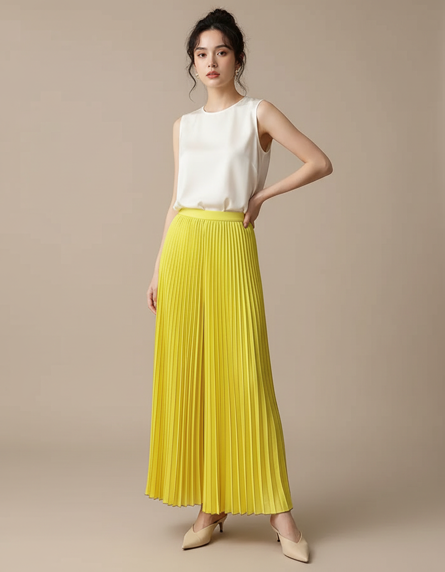 Pantalon À Pince Jaune Plissé Fluide Ample Élégant - Polyester