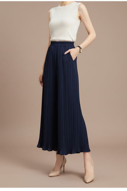 Pantalon À Pince Plissé Fluide Ample Bleu Marine - Polyester
