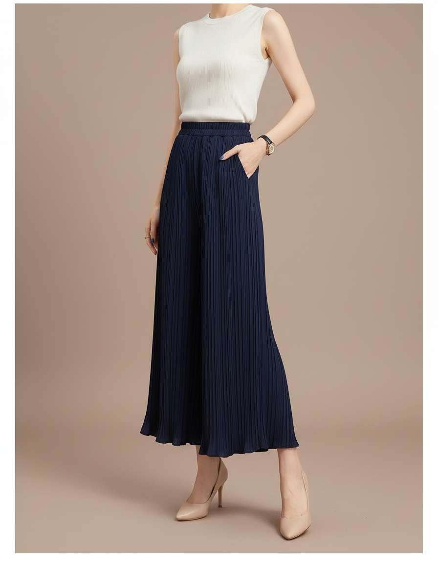Pantalon À Pince Plissé Fluide Ample Bleu Marine - Polyester