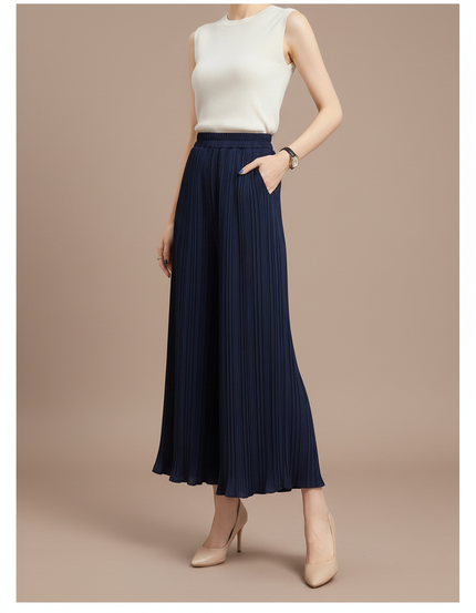 Pantalon À Pince Plissé Fluide Ample Bleu Marine - Polyester