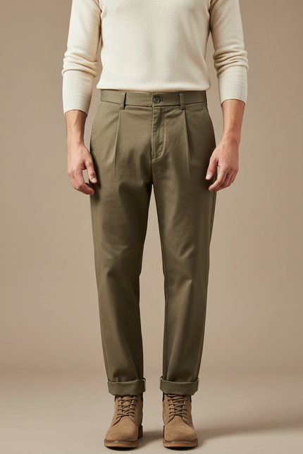 Pantalon À Pince Kaki Coton Plissé Décontracté Homme