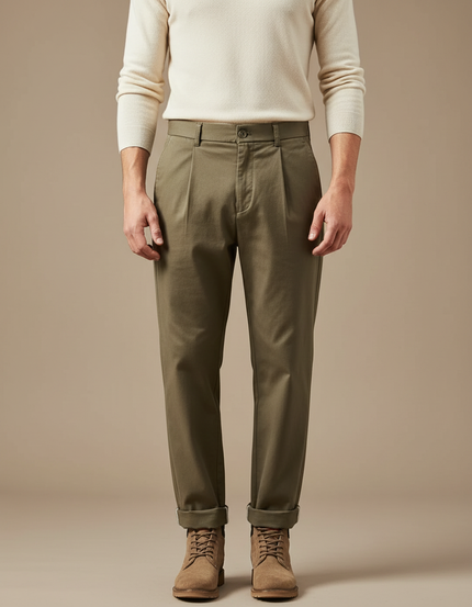 Pantalon À Pince Kaki Coton Plissé Décontracté Homme