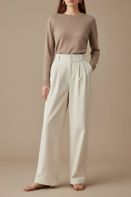 Pantalon À Pince Crème Plissé Ample Femme Élégant - Beige Cordé