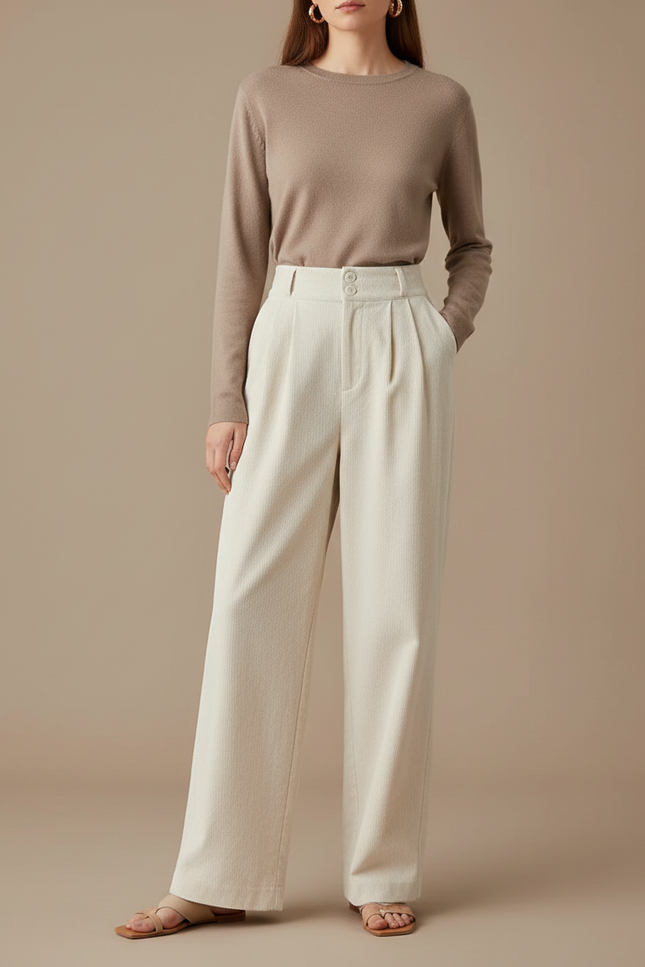 Pantalon À Pince Crème Plissé Ample Femme Élégant - Beige Cordé