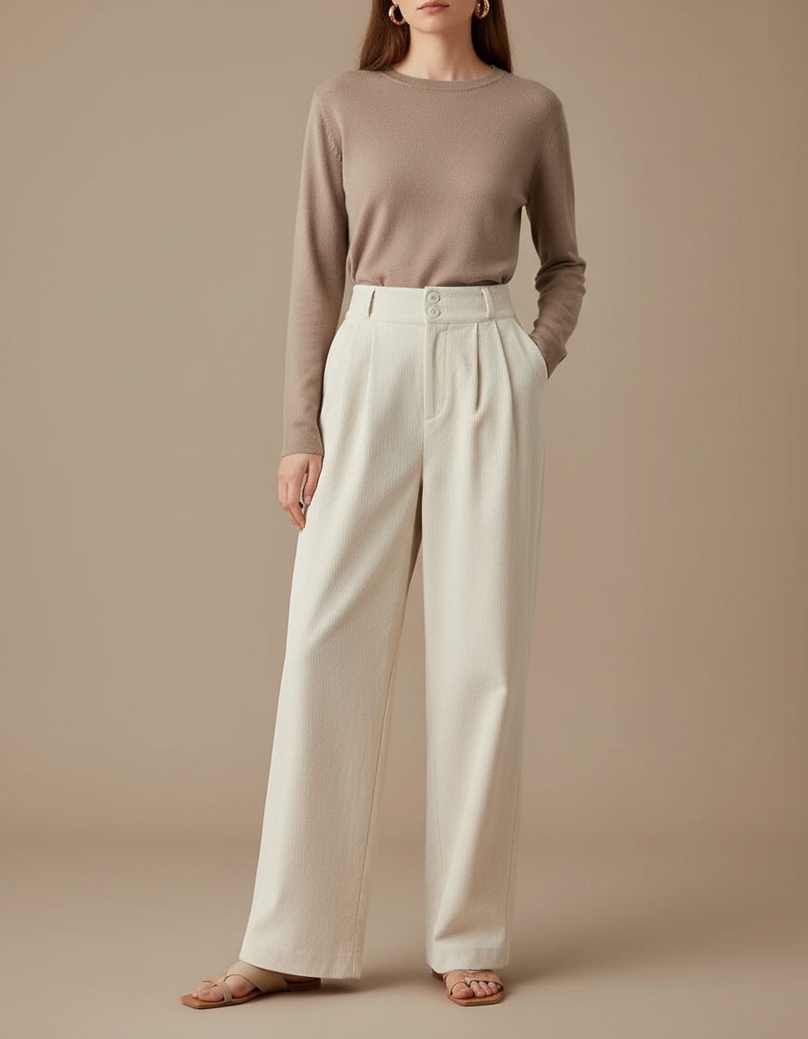 Pantalon À Pince Crème Plissé Ample Femme Élégant - Beige Cordé