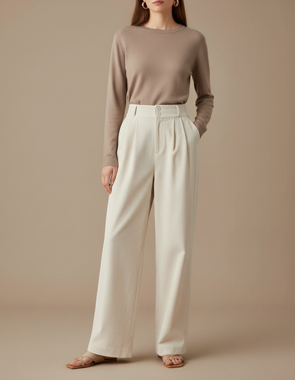 Pantalon À Pince Crème Plissé Ample Femme Élégant - Beige Cordé