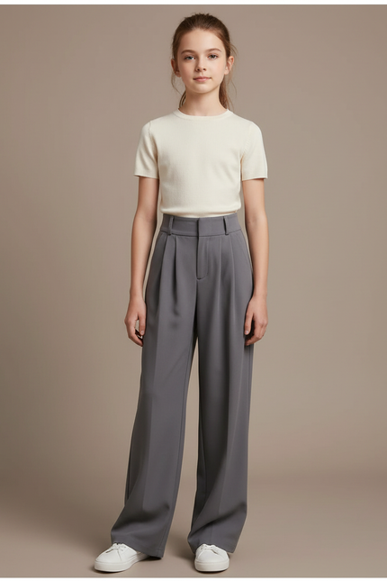Pantalon À Pince Gris Ample Plissé Décontracté Fluide - Polyester