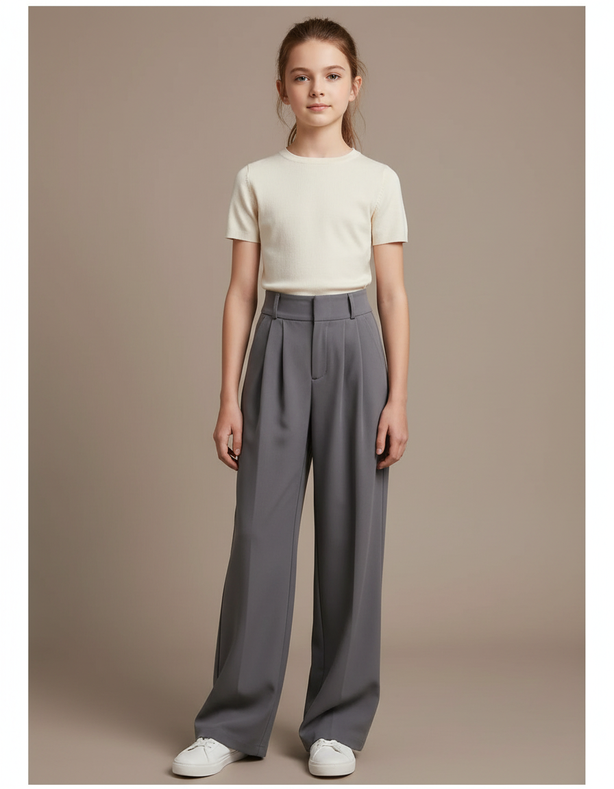 Pantalon À Pince Gris Ample Plissé Décontracté Fluide - Polyester