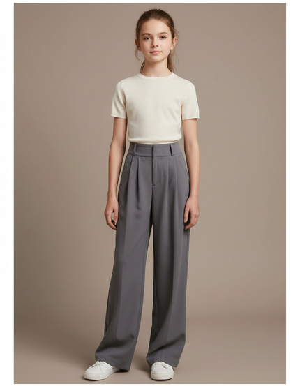 Pantalon À Pince Gris Ample Plissé Décontracté Fluide - Polyester