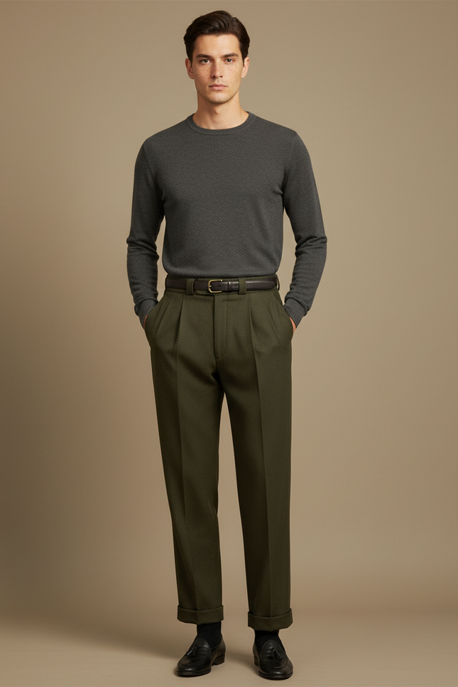Pantalon À Pince Vert Olive Ample Plissé Homme Chic - Laine
