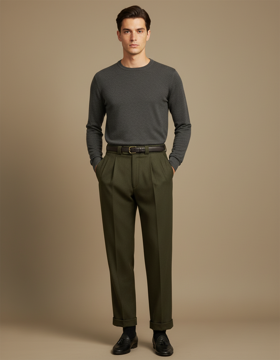 Pantalon À Pince Vert Olive Ample Plissé Homme Chic - Laine