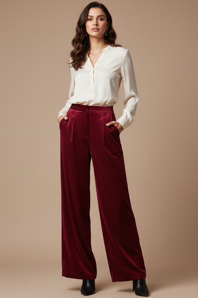 Pantalon À Pince Velours Bordeaux Ample Élégant Femme