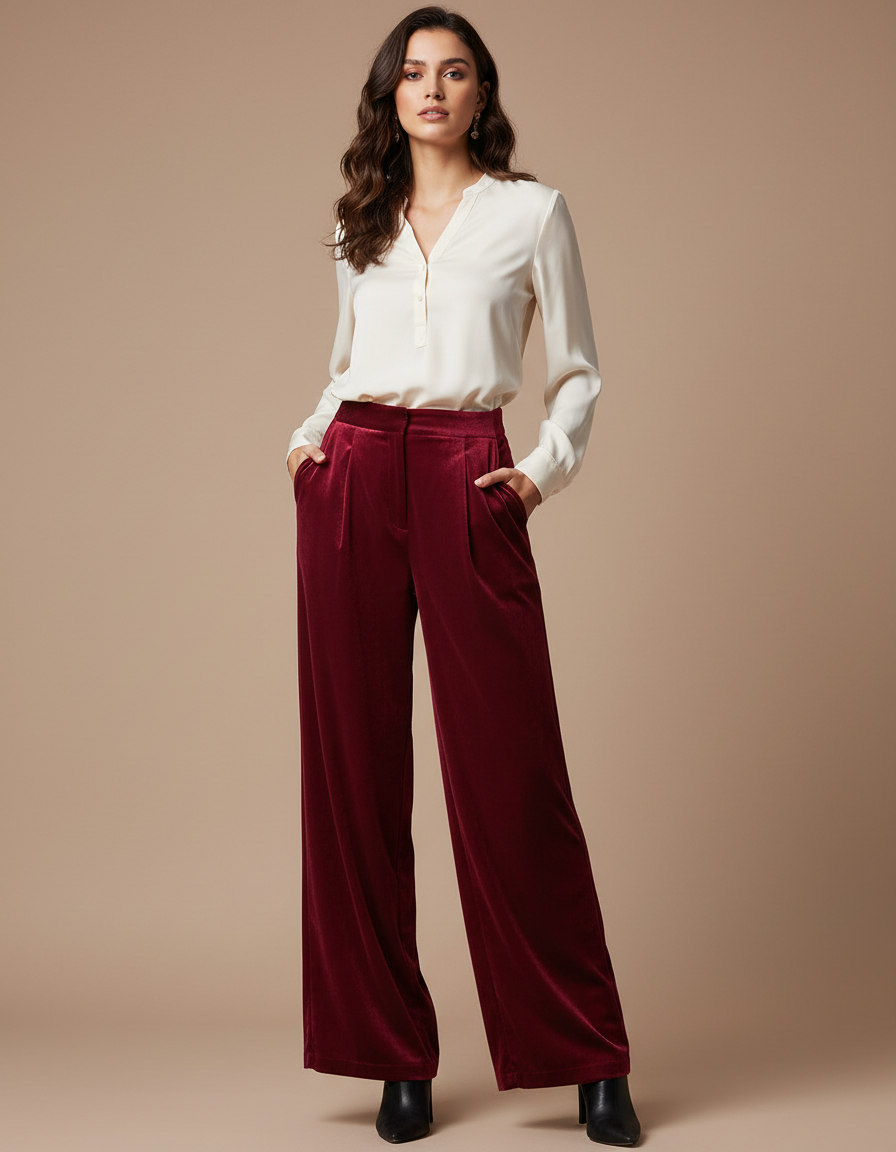 Pantalon À Pince Velours Bordeaux Ample Élégant Femme
