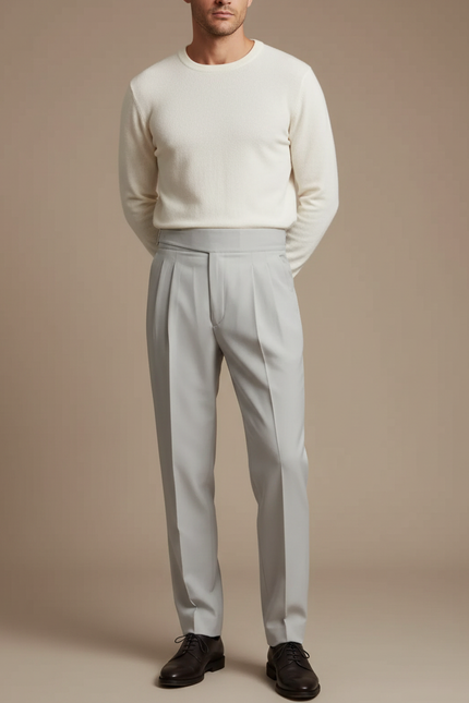 Pantalon À Pince Gris Clair Plissé Élégant Homme - Gabardine