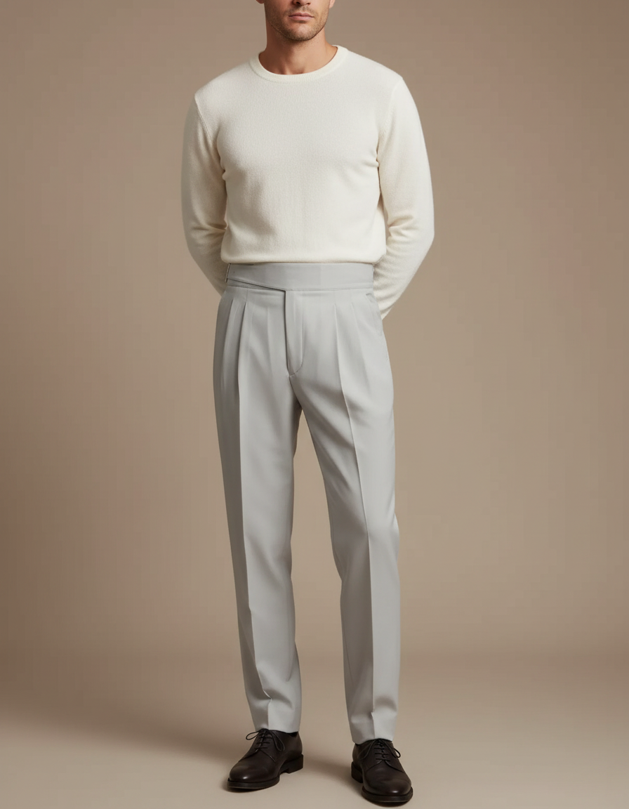 Pantalon À Pince Gris Clair Plissé Élégant Homme - Gabardine