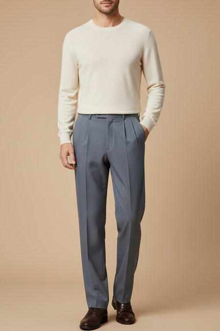 Pantalon À Pince Gris Plissé Droit Formel Homme - Gabardine