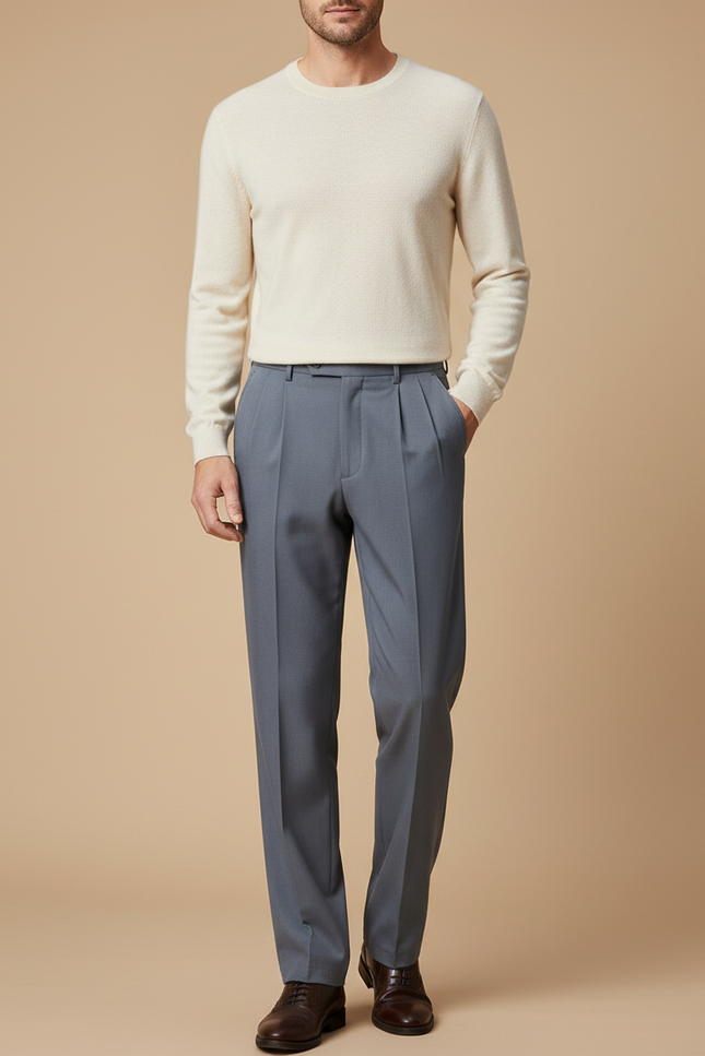 Pantalon À Pince Gris Plissé Droit Formel Homme - Gabardine